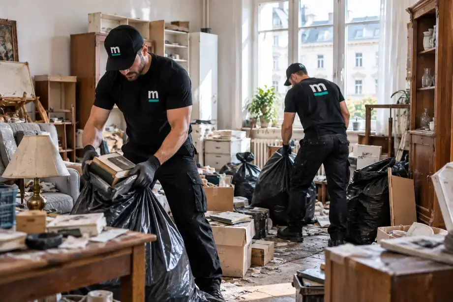 Zwei Möbelpacker räumen eine Altbauwohnung aus und füllen Säcke für den Abtransport