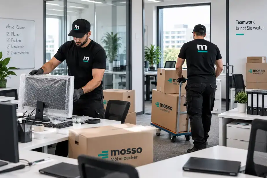 Möbelpacker verpacken Bildschirme und fahren Umzugskartons durch ein Büro