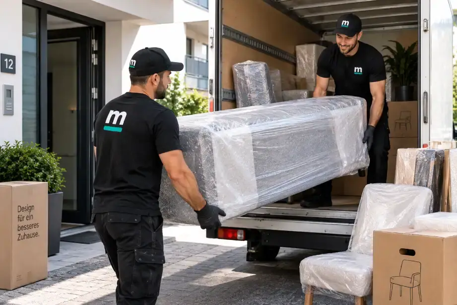 Zwei Möbelpacker laden ein verpacktes Möbelstück in den LKW