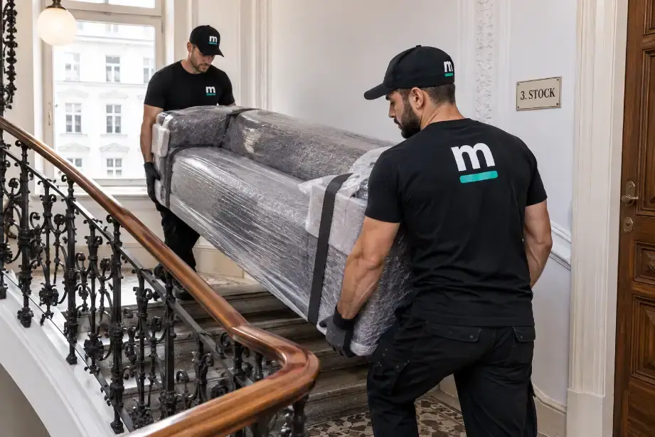 Zwei Möbelpacker tragen ein verpacktes Sofa durch ein Wiener Altbau-Stiegenhaus