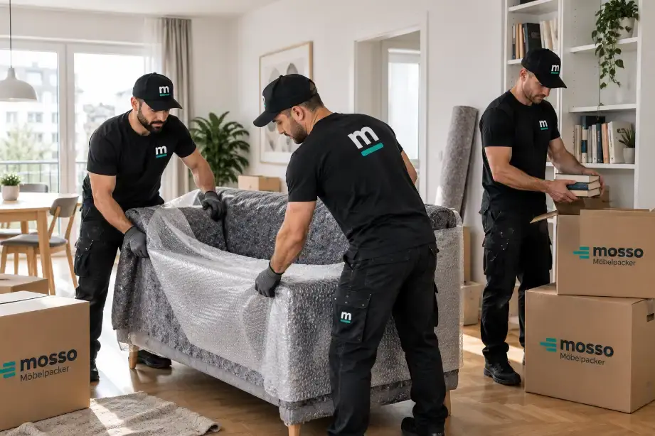 Möbelpacker von Mosso schützen ein Sofa mit Luftpolsterfolie für den Umzug